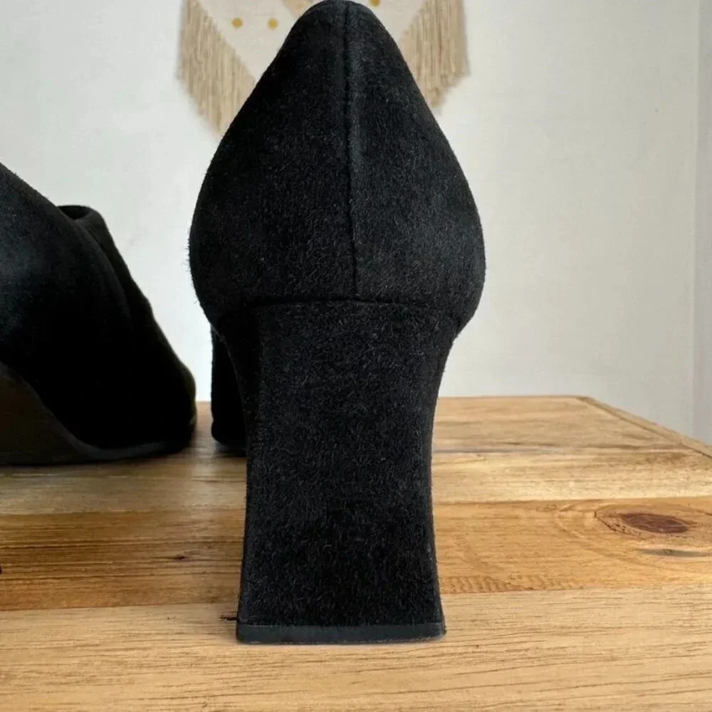 Stuart Weitzman Black Stretch Suede Square Long Toe Box Block Heel Shoe Bootie